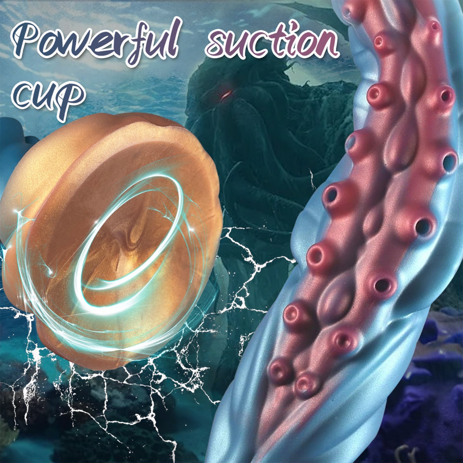 19.68 Inch Lovecraftian Octopus Tentacle Dildo with Blue-Gold Veins & Suction Cup Base