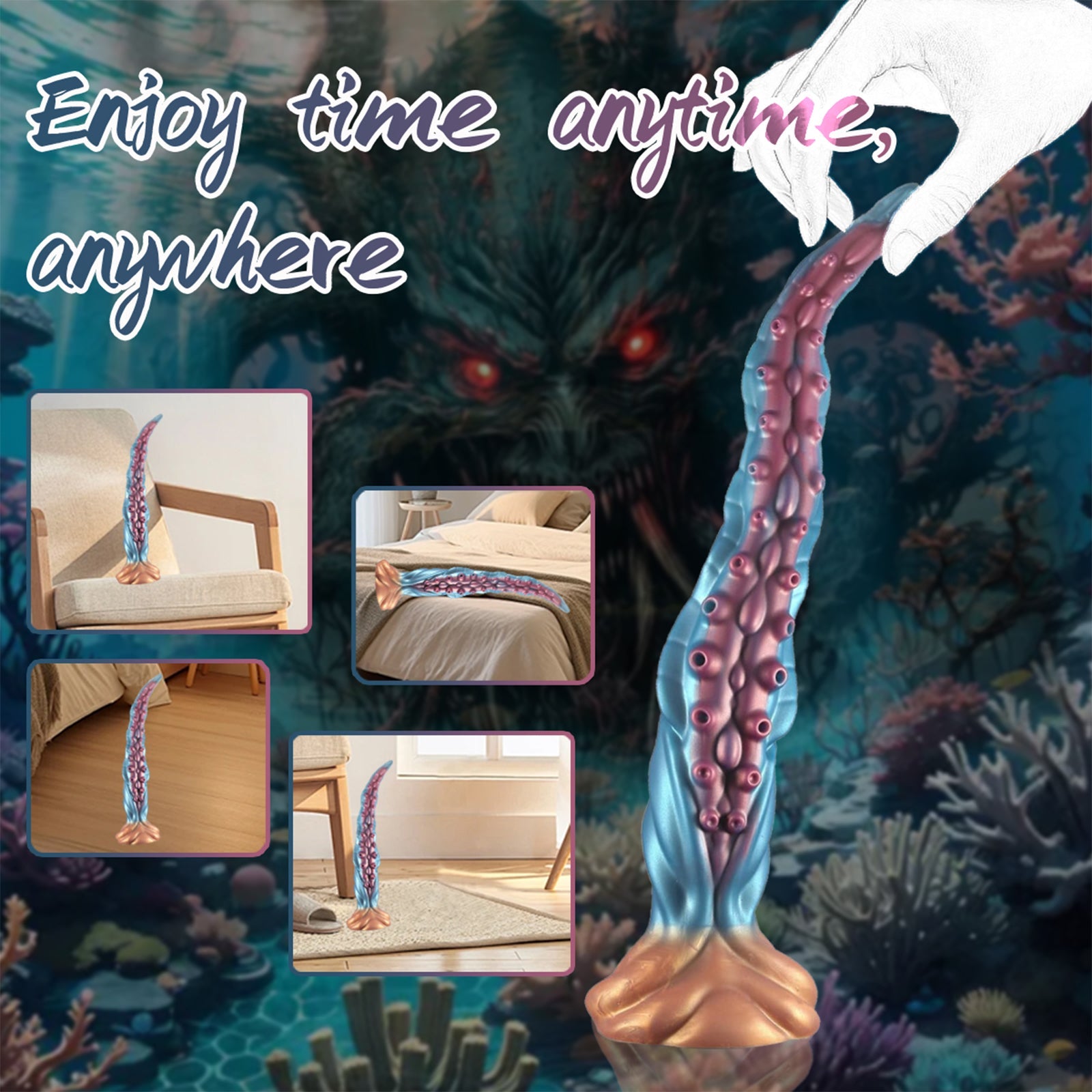 19.68 Inch Lovecraftian Octopus Tentacle Dildo with Blue-Gold Veins & Suction Cup Base