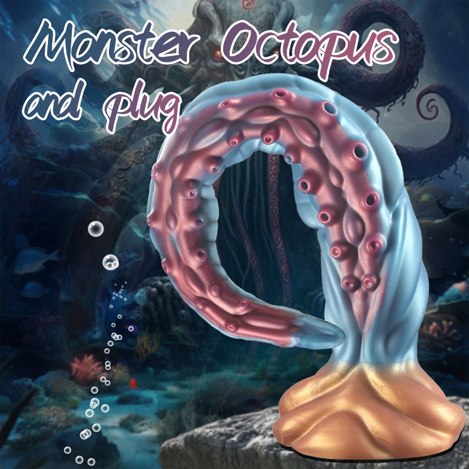 19.68 Inch Lovecraftian Octopus Tentacle Dildo with Blue-Gold Veins & Suction Cup Base