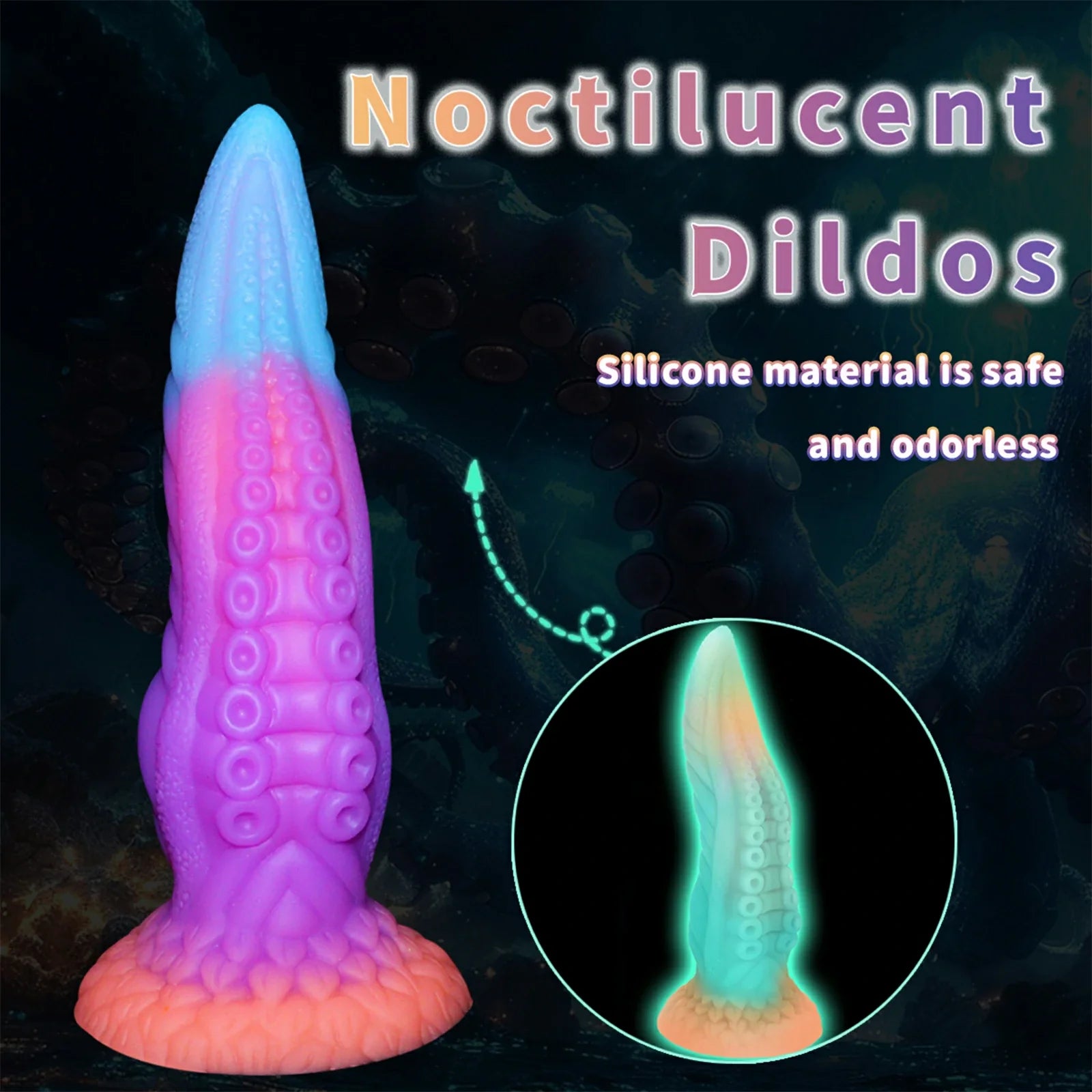 9.8 Inch Glow-in-the-Dark Silicone Tentacle Dildo with Suction Cup Base