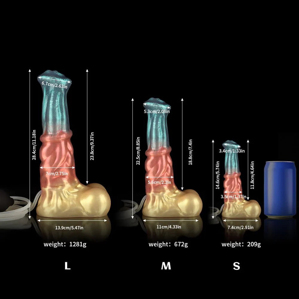 Neptune Ejaculating Dildo – Red, Blue & Gold Fantasy Silicone Toy