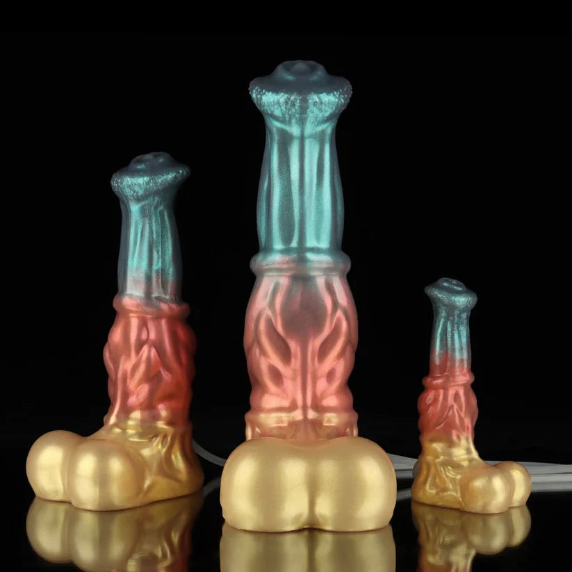 Neptune Ejaculating Dildo – Red, Blue & Gold Fantasy Silicone Toy