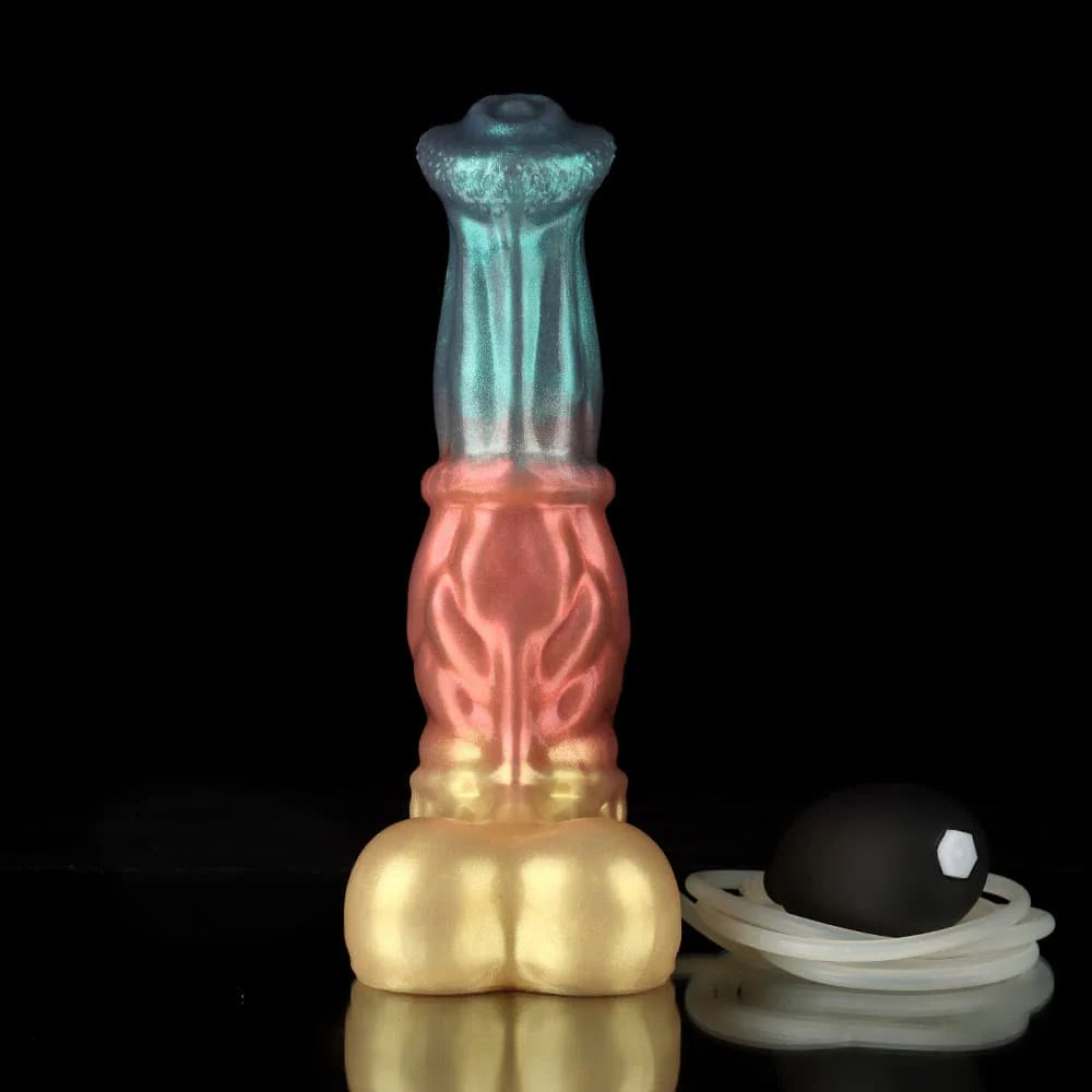 Neptune Ejaculating Dildo – Red, Blue & Gold Fantasy Silicone Toy