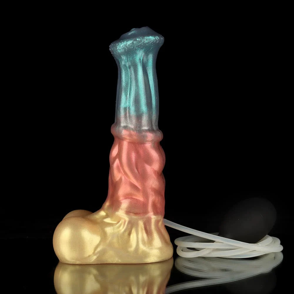 Neptune Ejaculating Dildo – Red, Blue & Gold Fantasy Silicone Toy