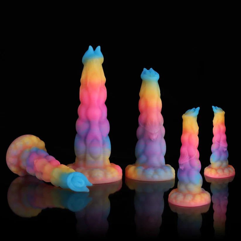 Sphinx Fantasy Dildo – Blue, Yellow & Purple Glow-in-the-Dark Knot Design